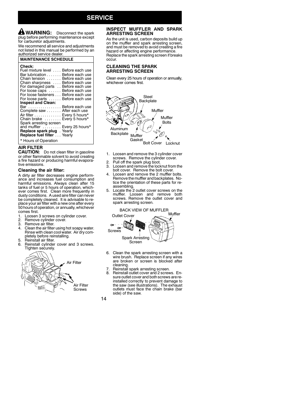 Service, Warning | Poulan PP4620AVL User Manual | Page 14 / 18