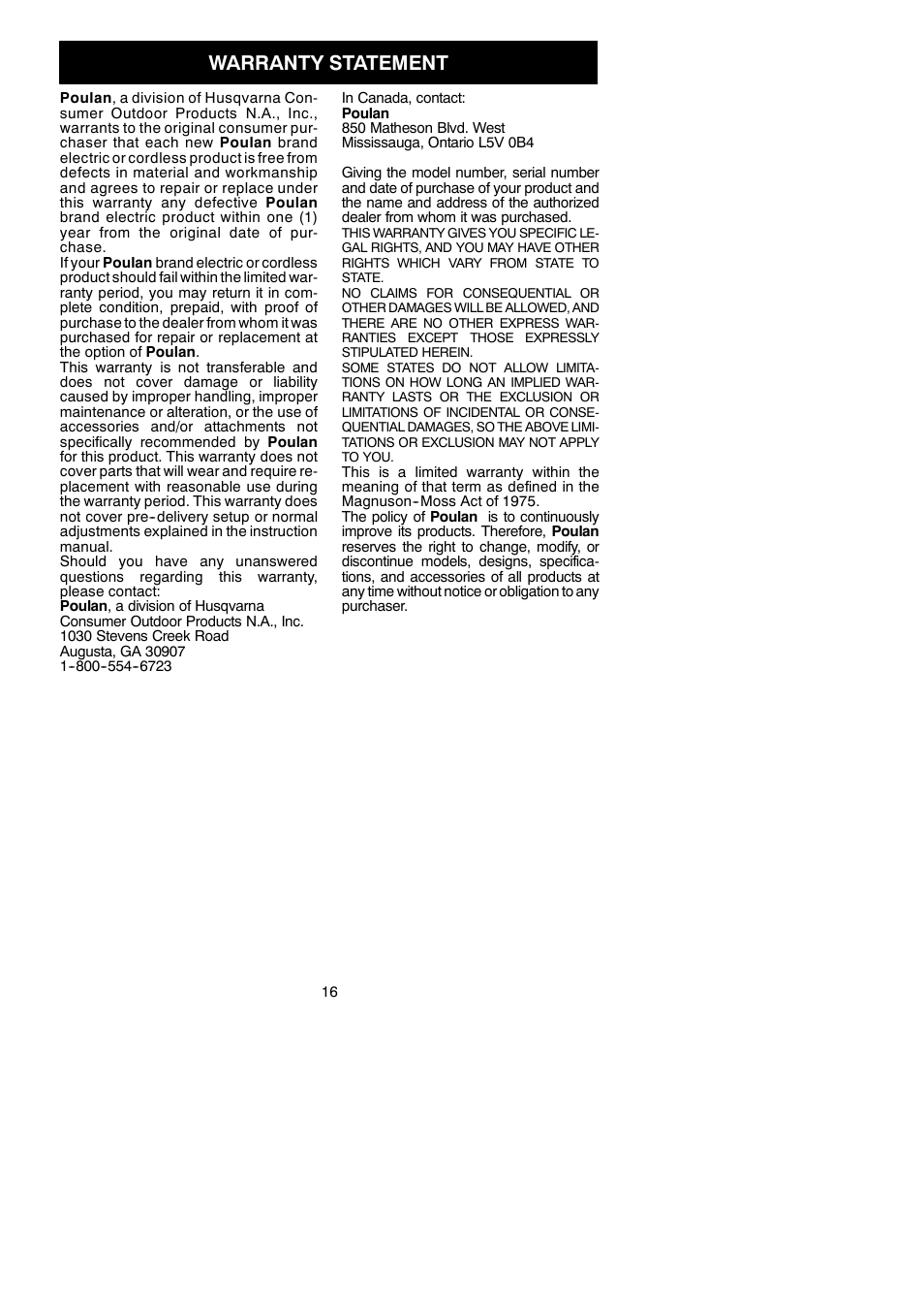 Warranty statement | Poulan 545186755 User Manual | Page 16 / 16