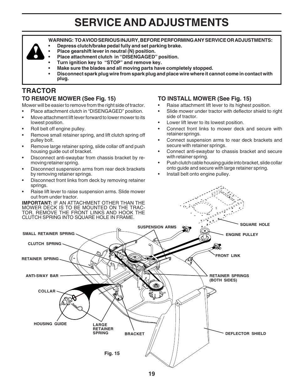 Service and adjustments, Tractor | Poulan 182946 User Manual | Page 19 / 48