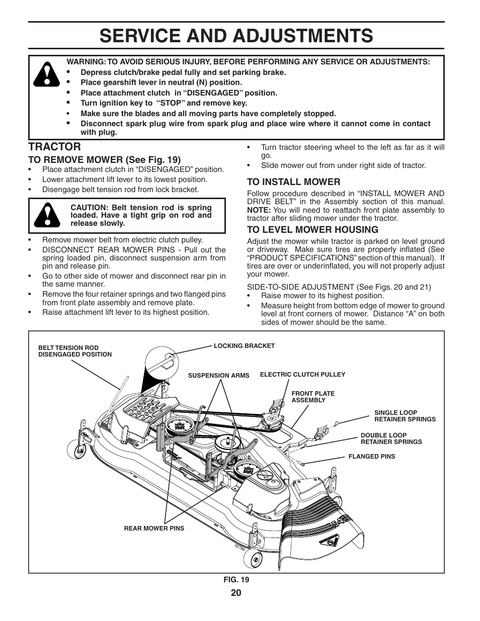 Service and adjustments, Tractor | Poulan 194604 User Manual | Page 20 / 34