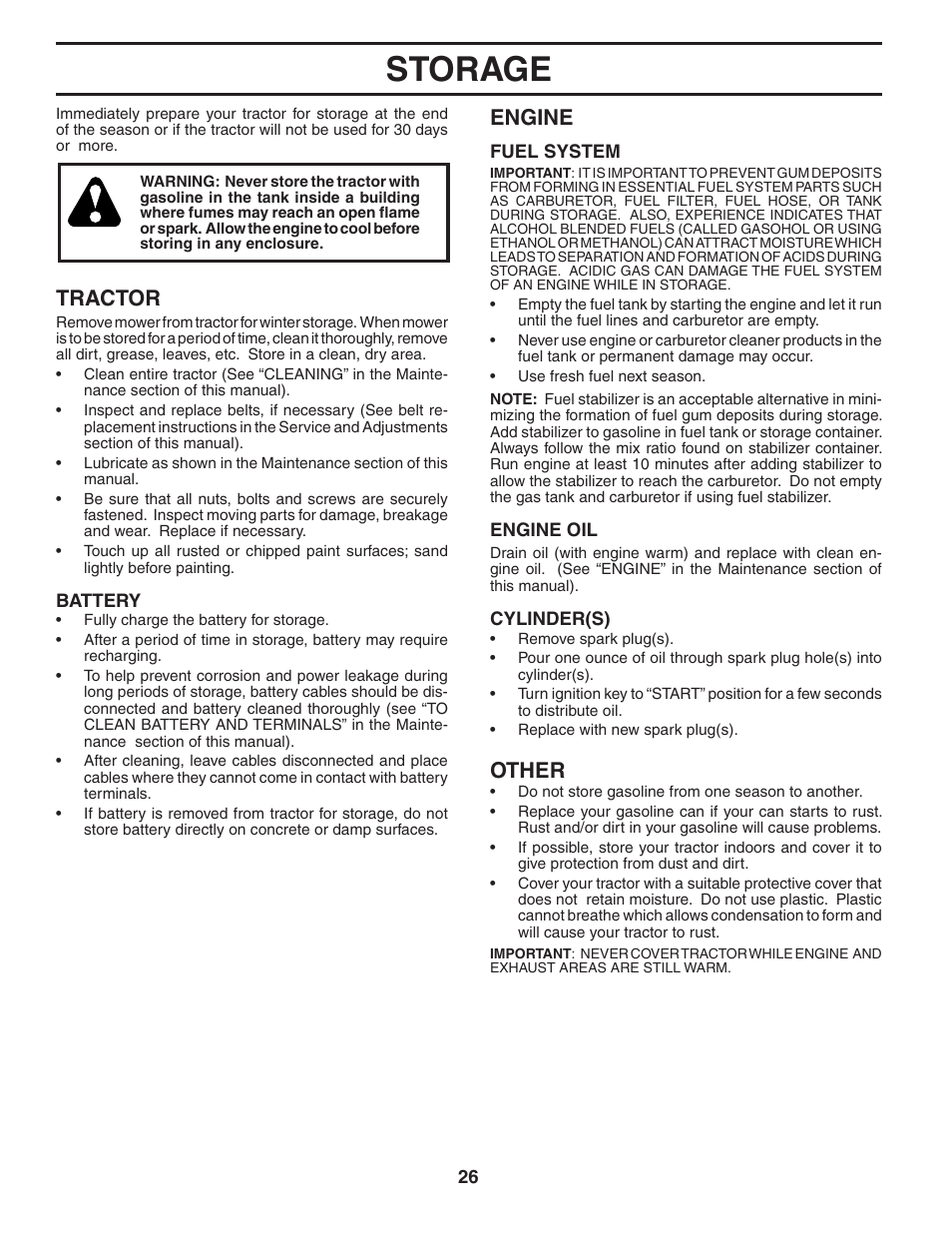 Storage, Tractor, Engine | Other | Poulan 194604 User Manual | Page 26 / 34