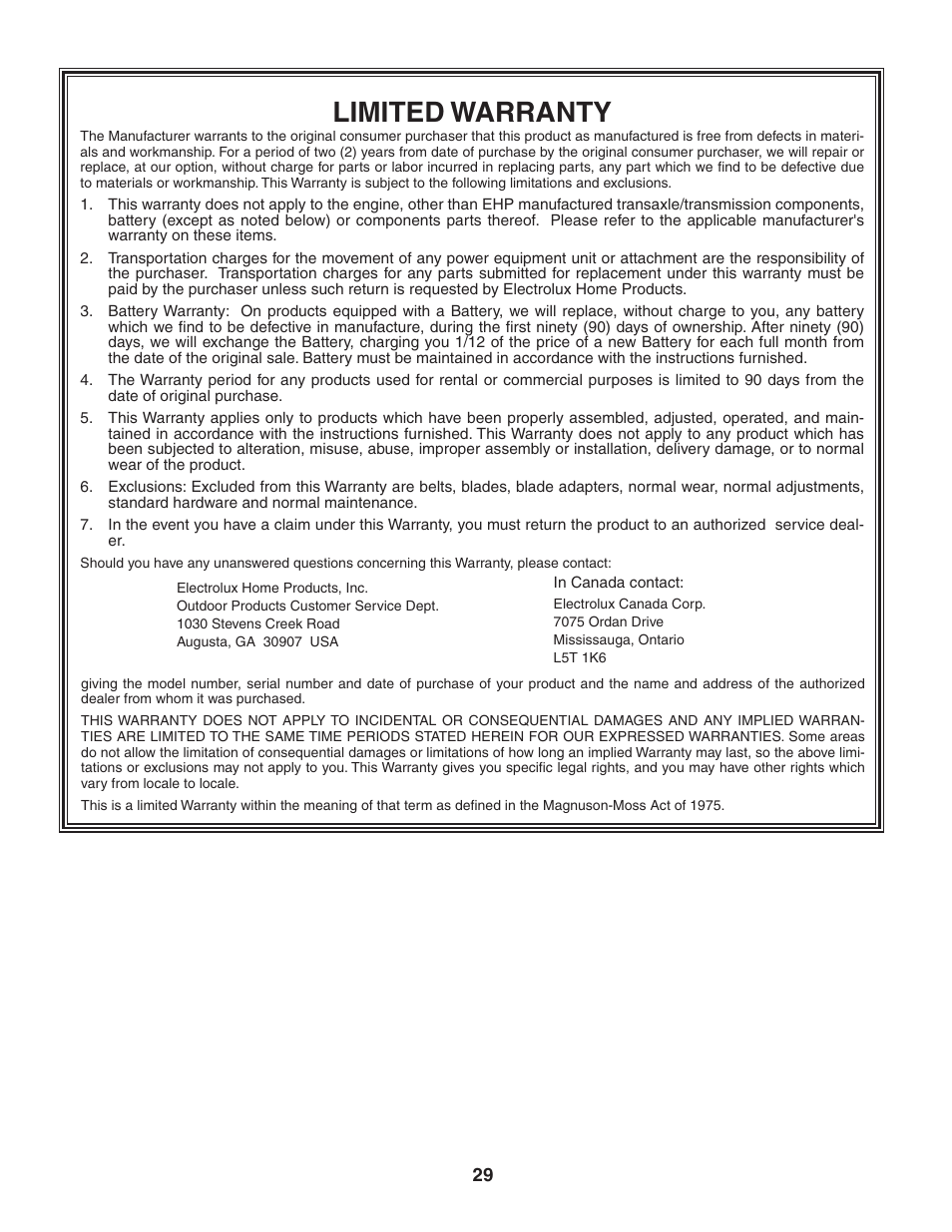 Limited warranty | Poulan 194604 User Manual | Page 29 / 34