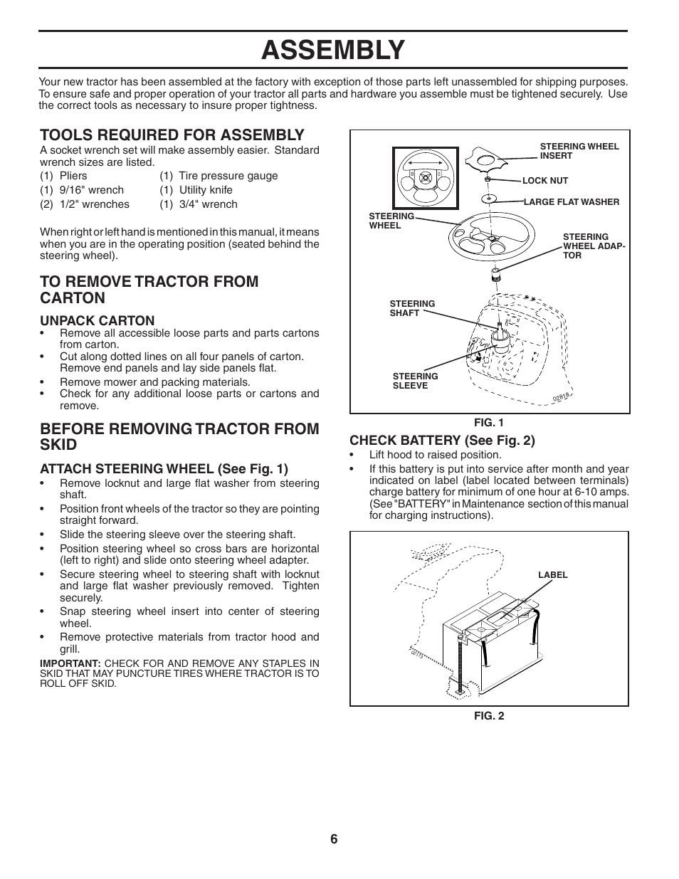 Assembly, Tools required for assembly, Before removing trac tor from skid | Poulan 194604 User Manual | Page 6 / 34