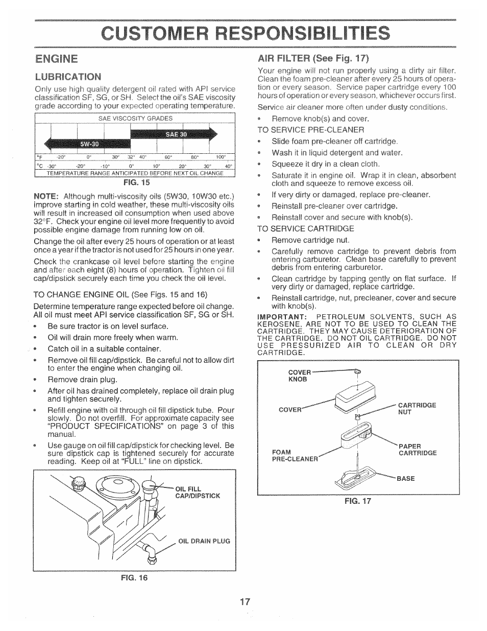 Customfr rfrponsibil ities, Air filter (see fig. 17), Engine | Poulan 163598 User Manual | Page 15 / 44