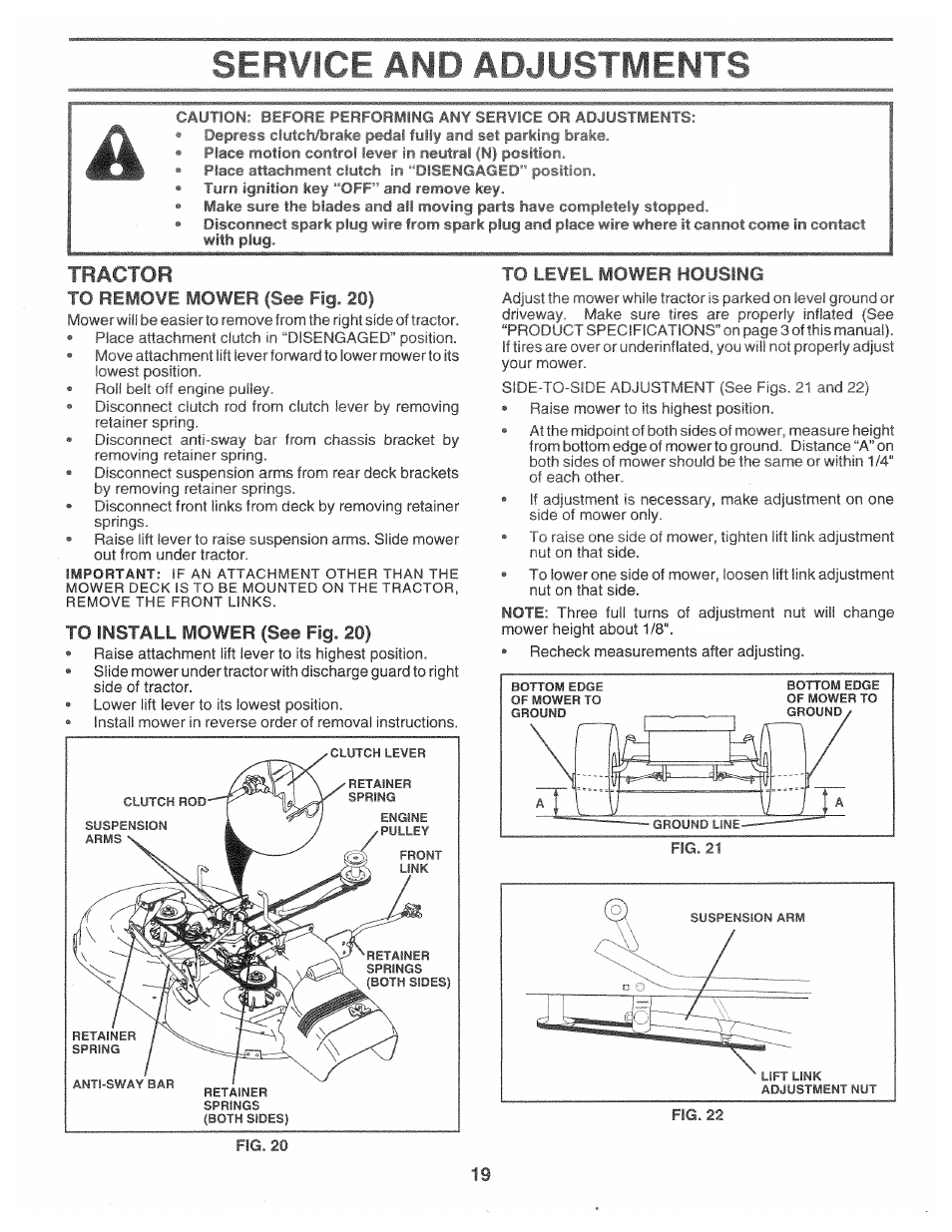 Tractor, To remove mower (see fig. 20), To install mower (see fig. 20) | To level mower housing, Service and adjustments | Poulan 163598 User Manual | Page 17 / 44