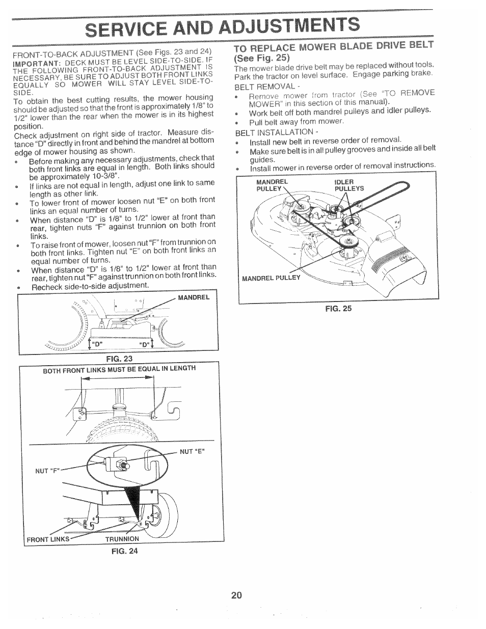 Service and adjustments, Tower front of mower loosen nut, On both front links an equal number of turns | Poulan 163598 User Manual | Page 18 / 44