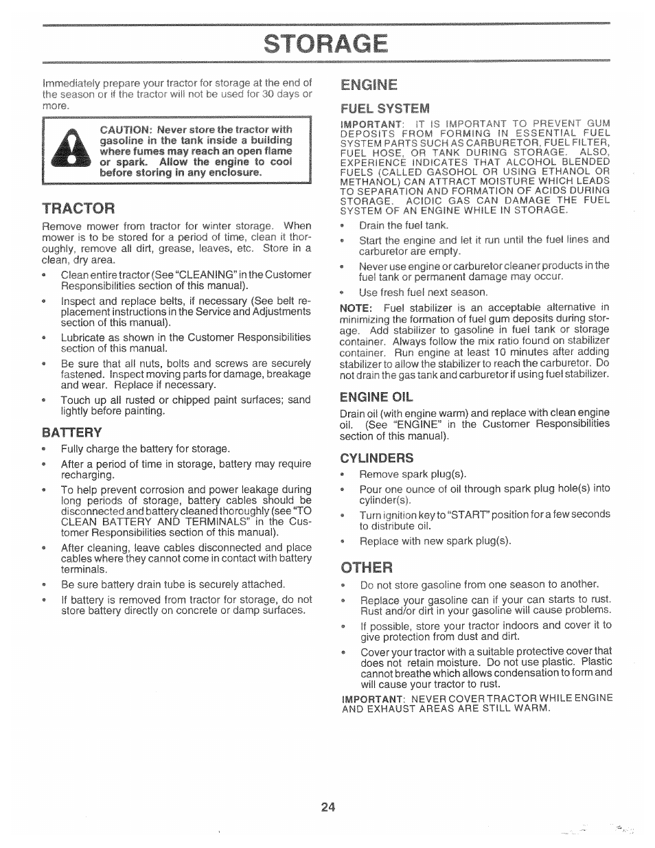 Storage, Tractor, Battery | Engine oil, Cylinders, Other, R *и e i'h mi 'f h | Poulan 163598 User Manual | Page 22 / 44