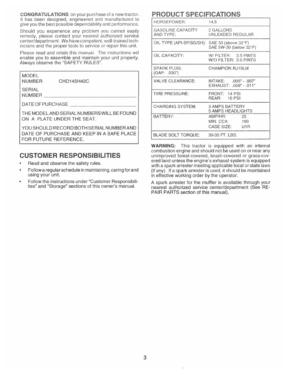 Customer responsibilities | Poulan 163598 User Manual | Page 3 / 44