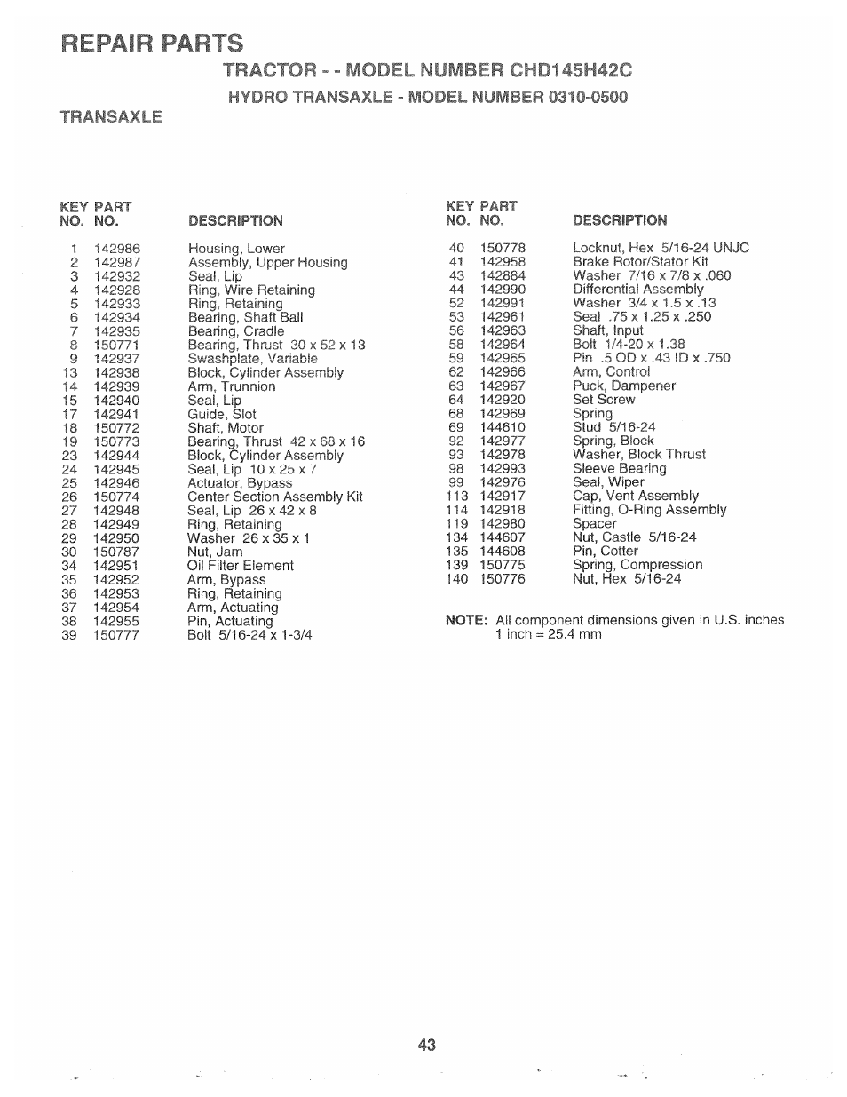 Hydro transaxle - model number 0310-0500 | Poulan 163598 User Manual | Page 39 / 44