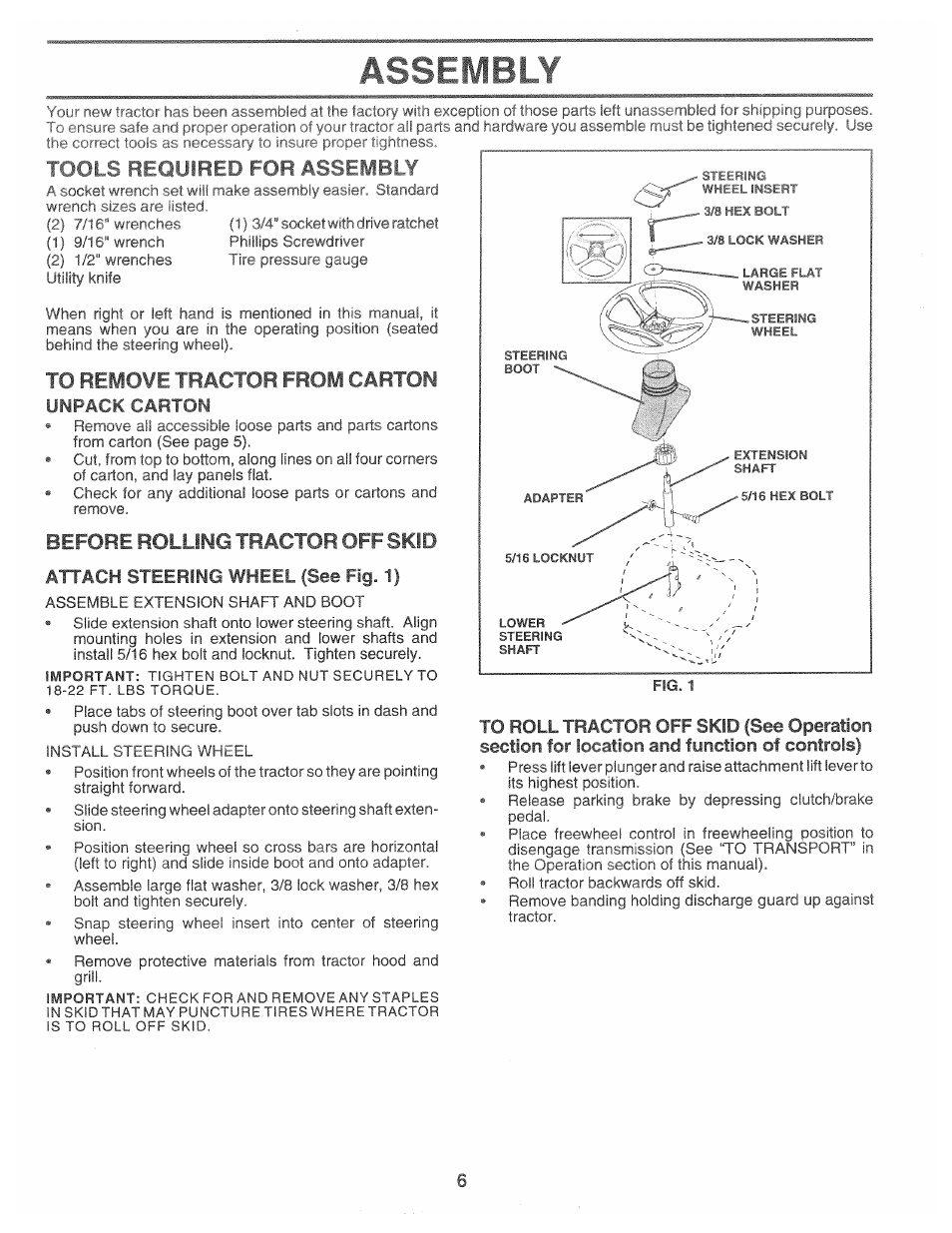 Maimed for, To remove tractor from carton, Unpack cartow | Before rolling tractor offswd, Attach steering wheel (see fig. 1), Assfmbly | Poulan 163598 User Manual | Page 6 / 44