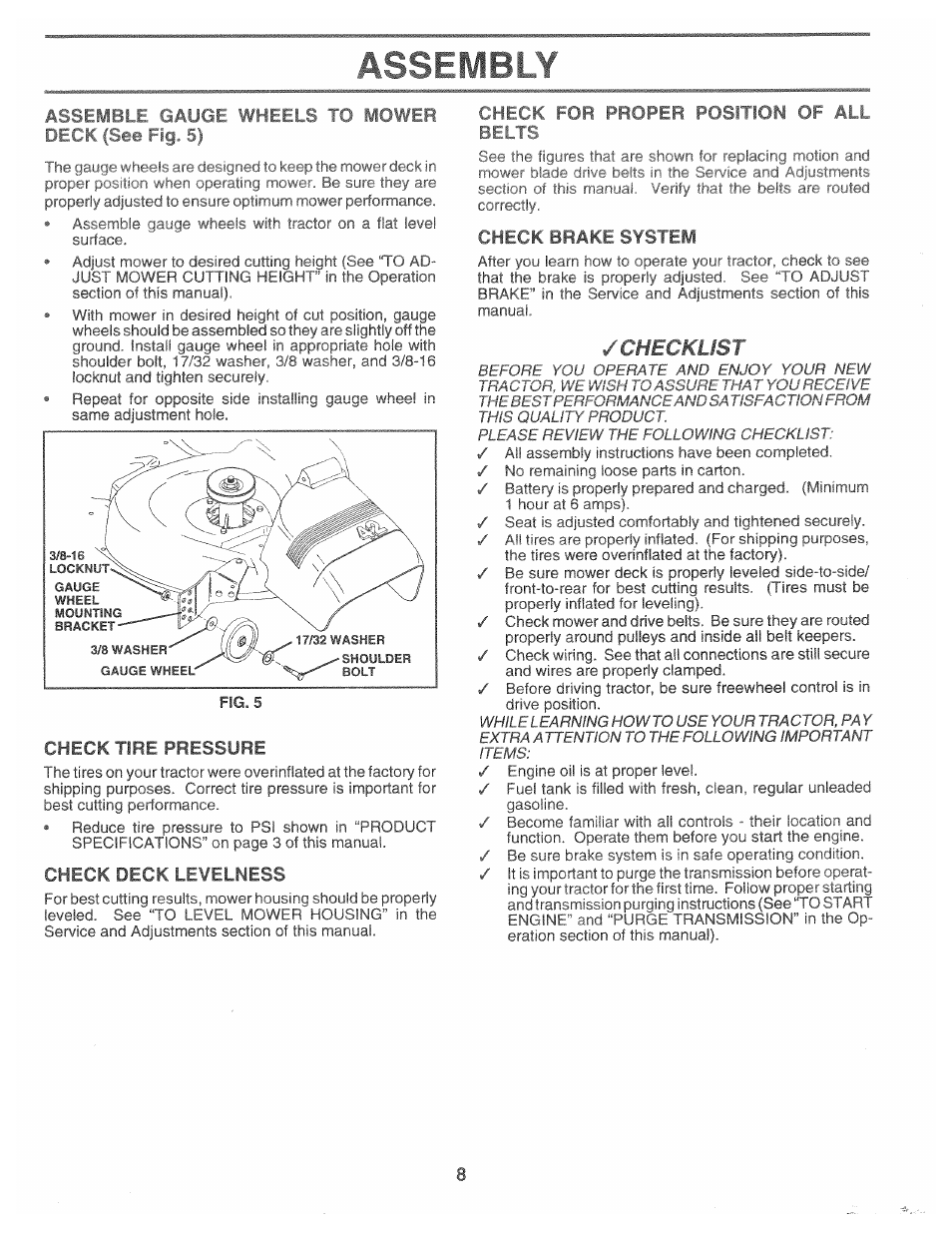 Check tire pressure, Check deck levelness, Belts | Check bhakfc bvsielw, Assemble, Checklist | Poulan 163598 User Manual | Page 8 / 44