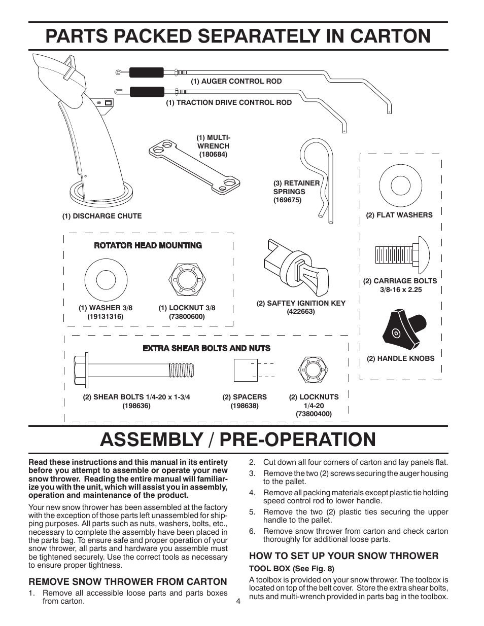 Parts packed separately in carton, Assembly / pre-operation | Poulan 421888 User Manual | Page 4 / 40