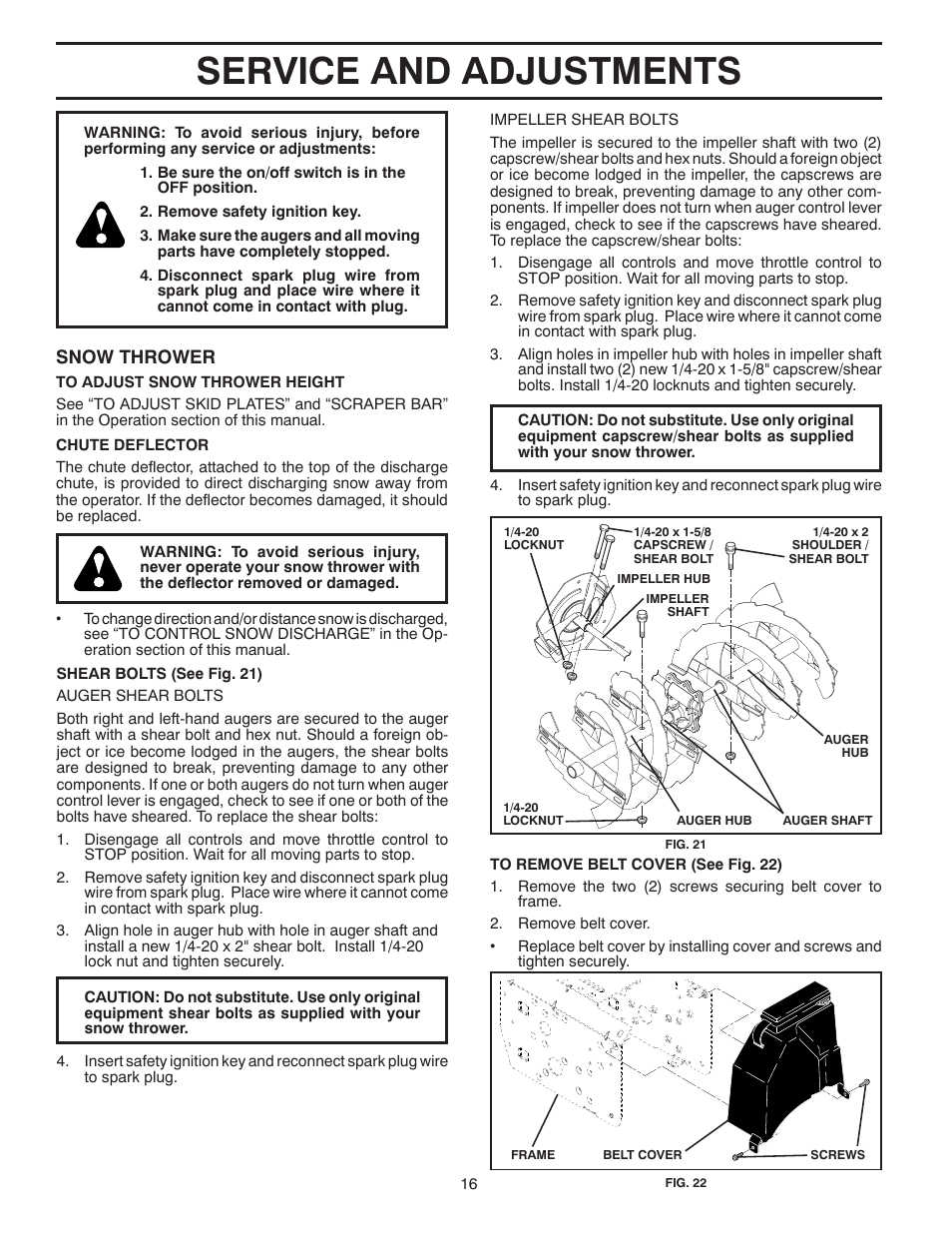 Service and adjustments, Snow thrower | Poulan 437953 User Manual | Page 16 / 44