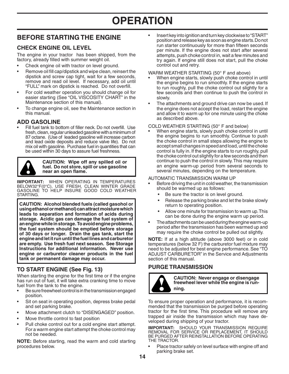 Operation, Before starting the engine | Poulan 404172 User Manual | Page 14 / 32