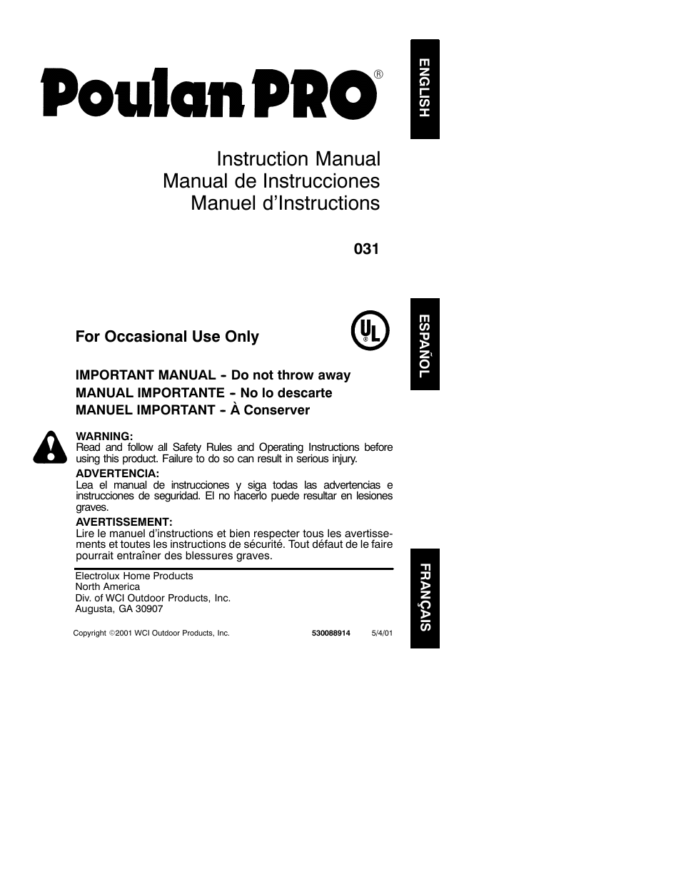 Poulan 31 User Manual | 8 pages