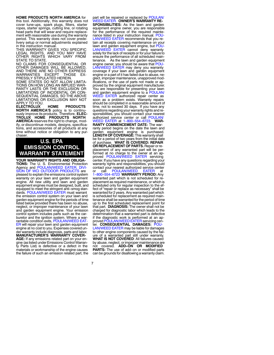 U.s. epa emission control warranty statement | Poulan 31 User Manual | Page 7 / 8