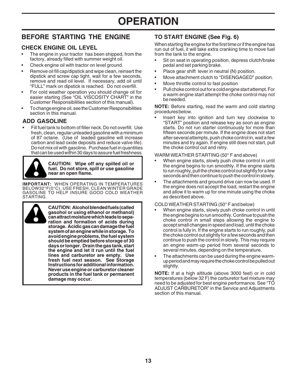 Operation, Before starting the engine | Poulan 183247 User Manual | Page 13 / 48