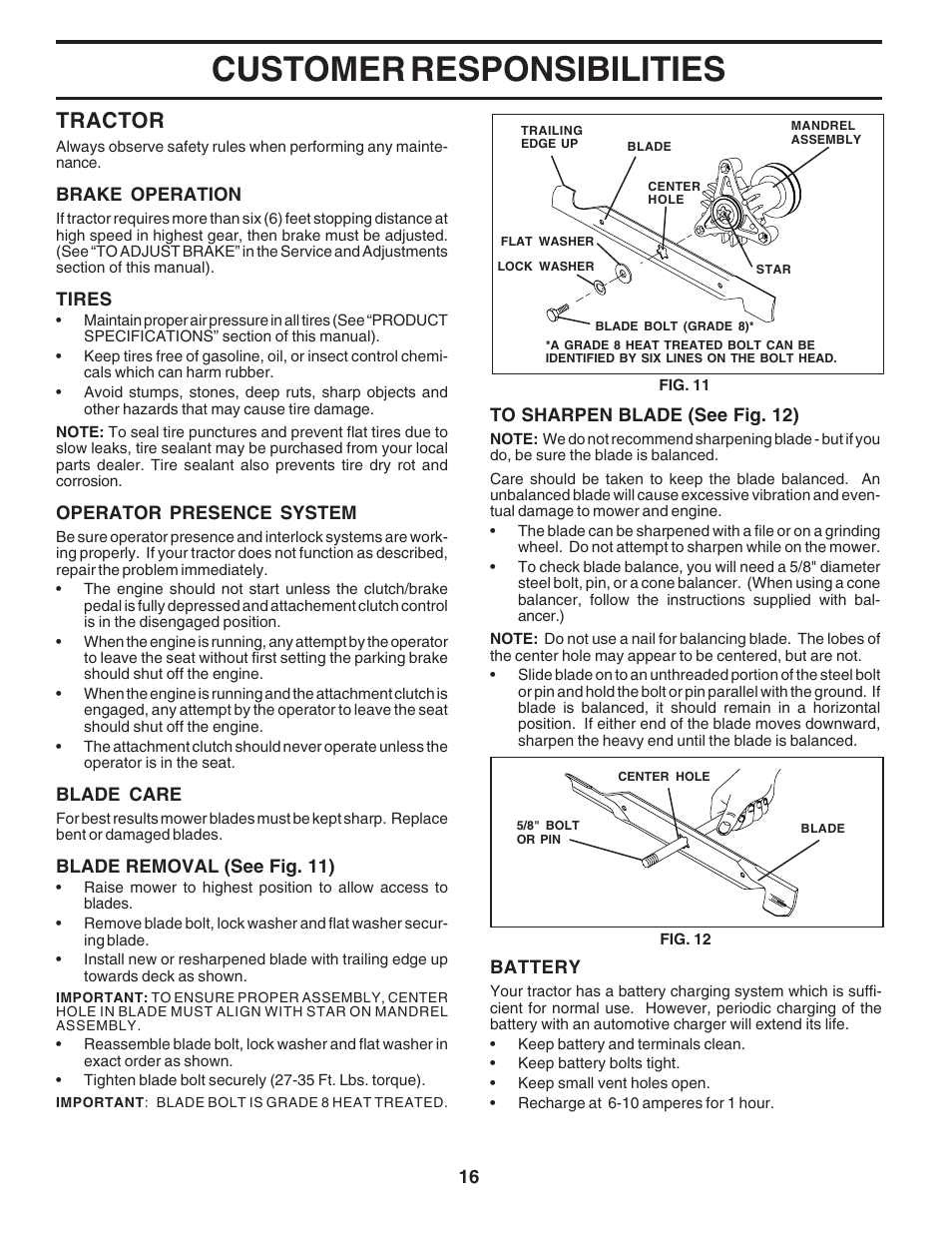 Customer responsibilities, Tractor | Poulan 183247 User Manual | Page 16 / 48