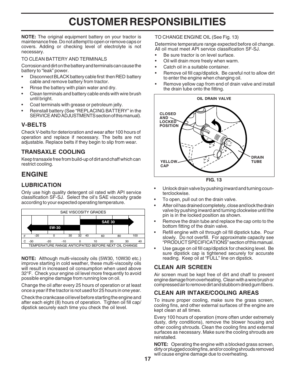 Customer responsibilities, Engine, V-belts | Transaxle cooling, Lubrication, Clean air screen, Clean air intake/cooling areas | Poulan 183247 User Manual | Page 17 / 48
