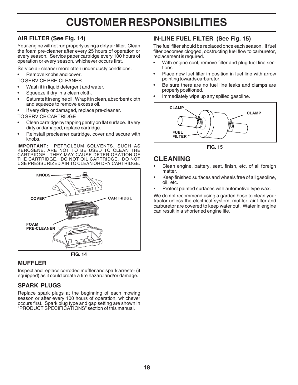 Customer responsibilities, Cleaning | Poulan 183247 User Manual | Page 18 / 48