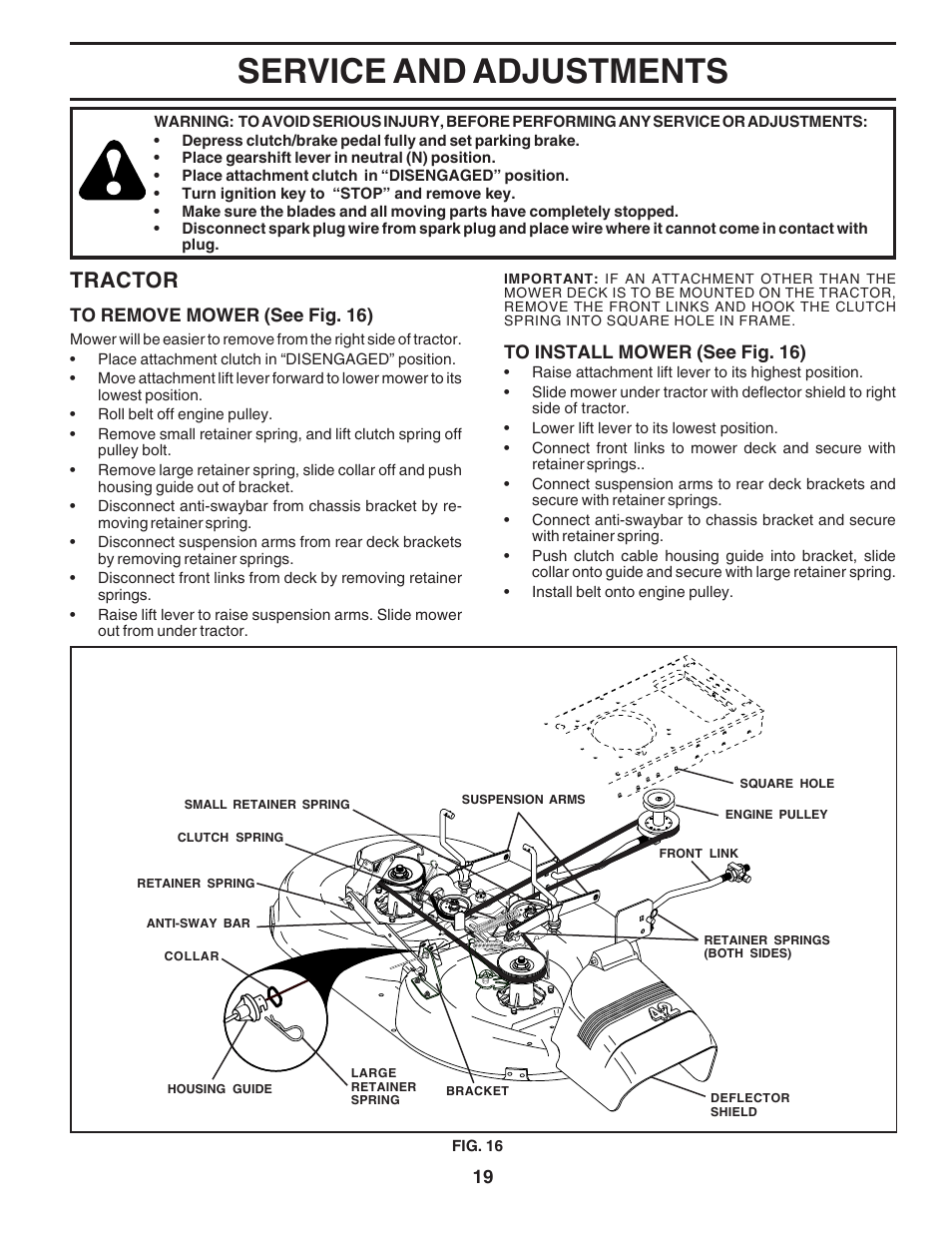 Service and adjustments, Tractor | Poulan 183247 User Manual | Page 19 / 48