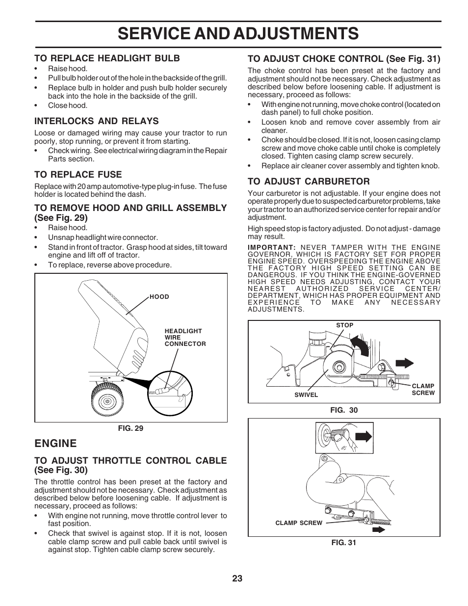 Service and adjustments, Engine | Poulan 183247 User Manual | Page 23 / 48