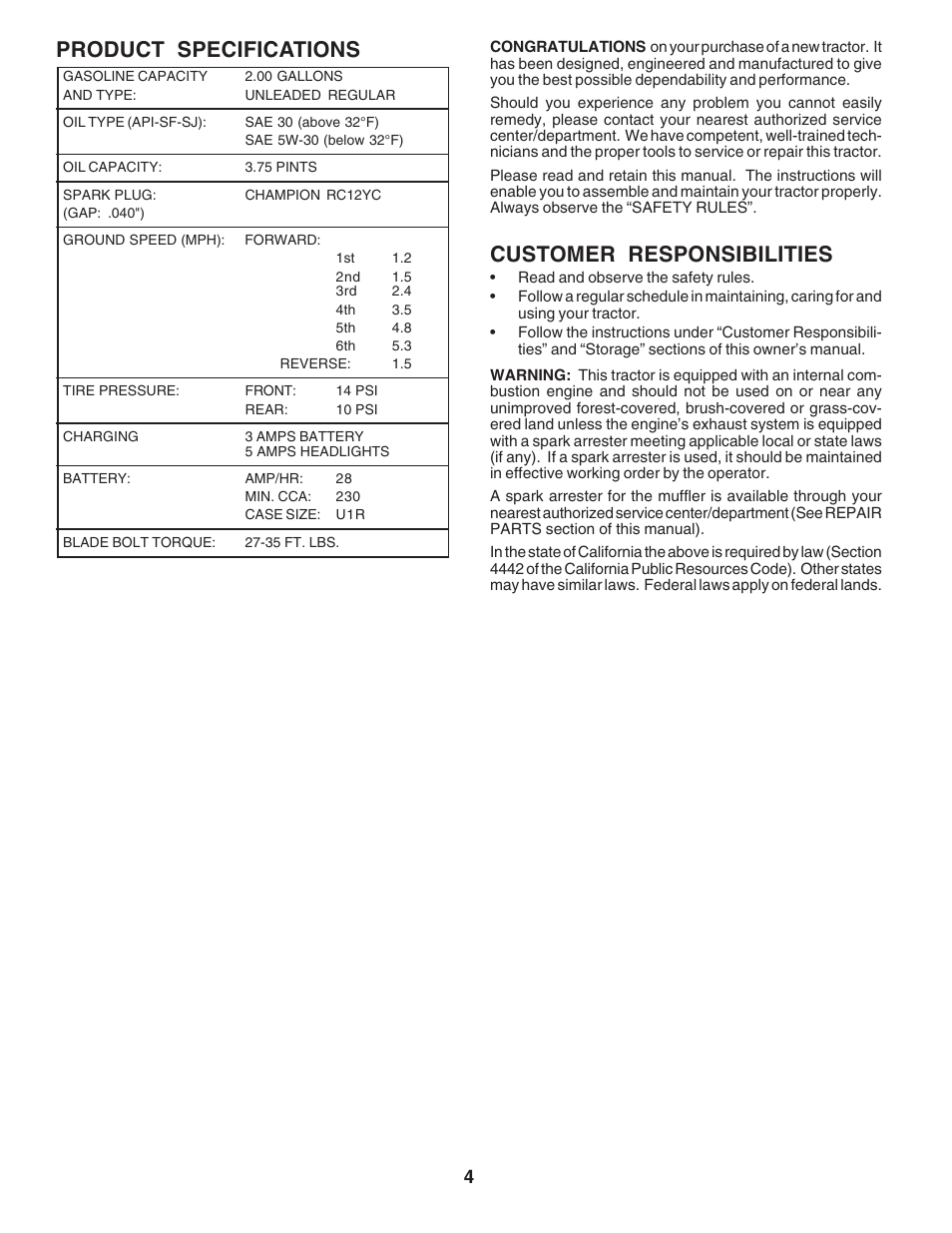 Customer responsibilities, Product specifications | Poulan 183247 User Manual | Page 4 / 48