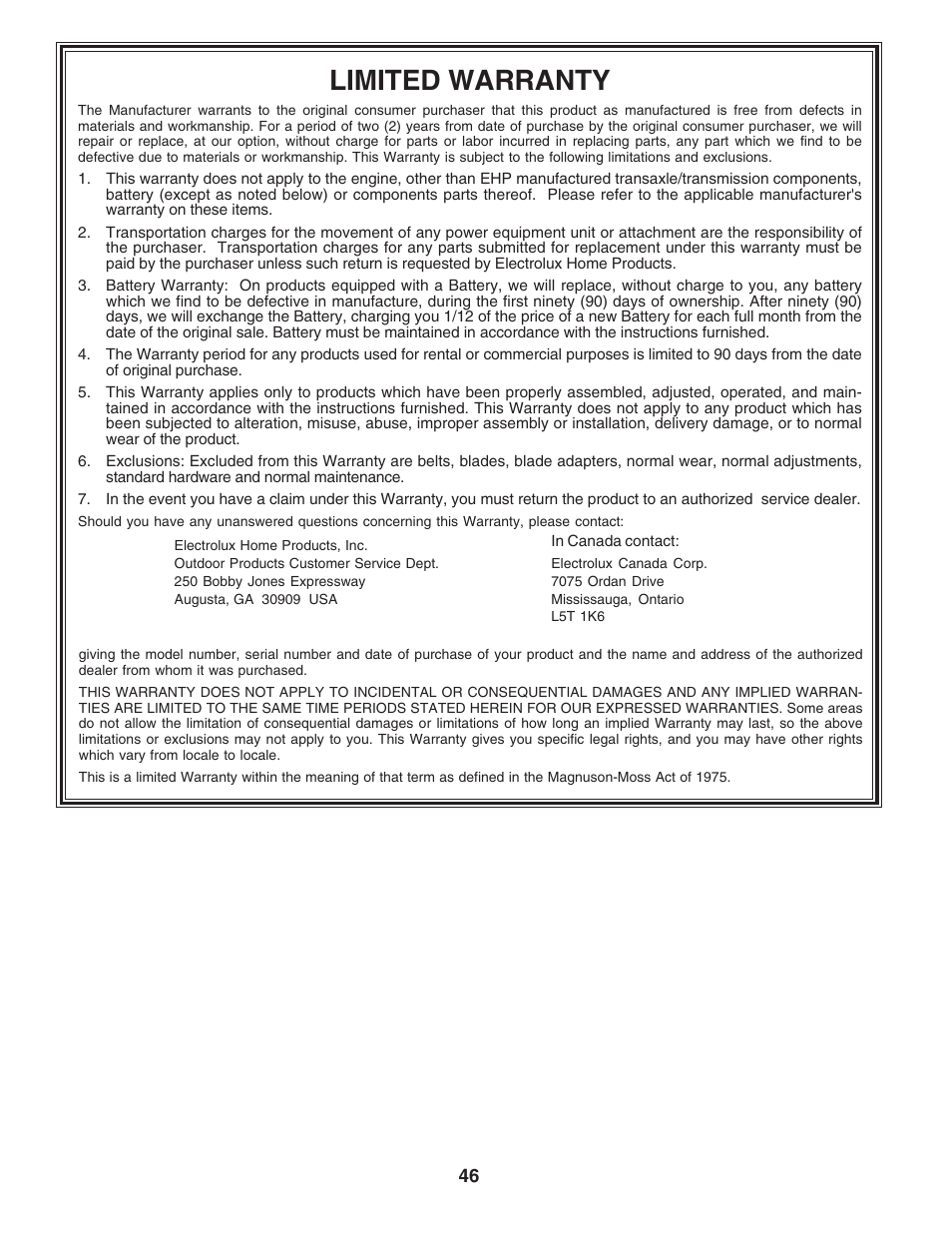 Limited warranty | Poulan 183247 User Manual | Page 46 / 48