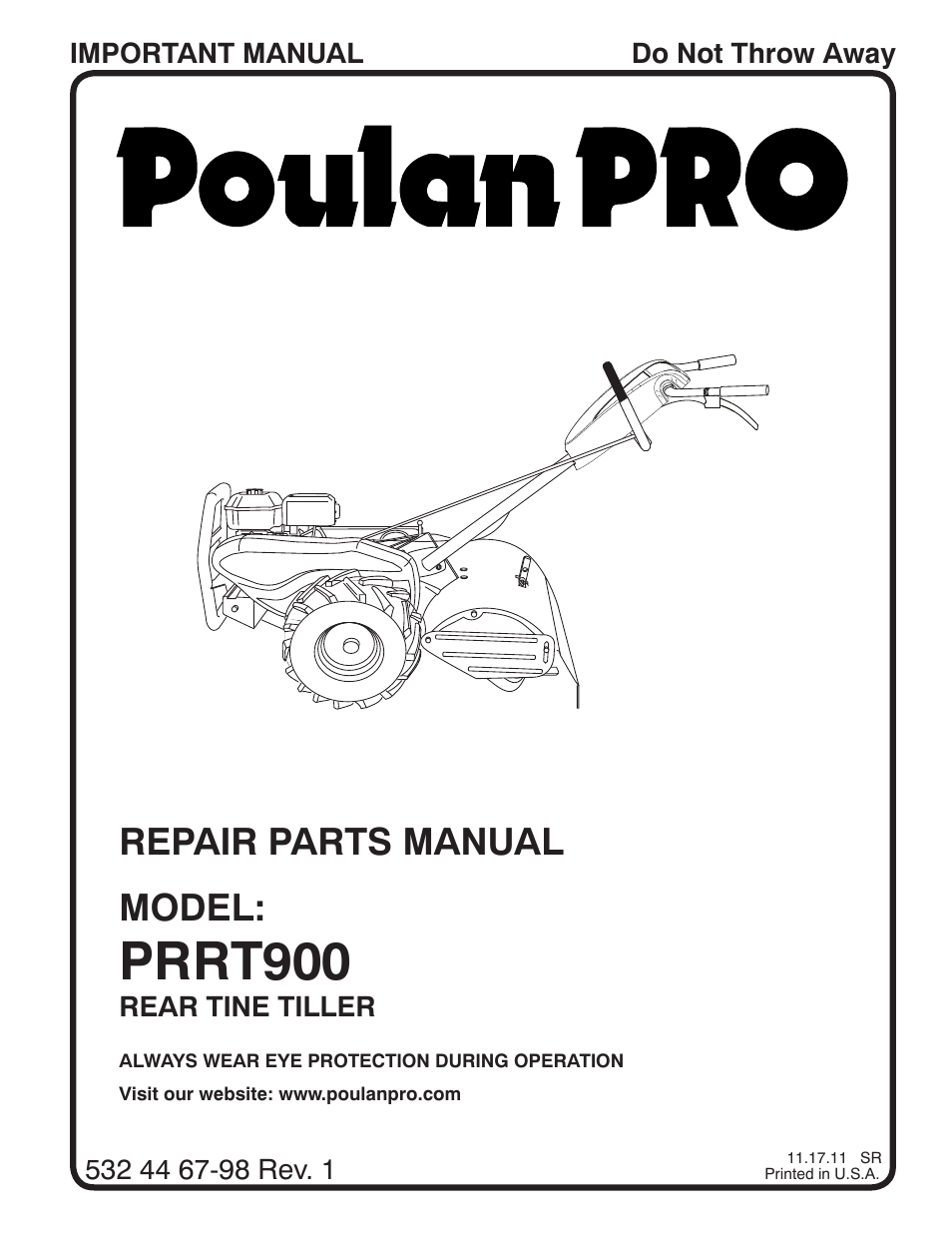 Poulan Pro Rear Tine PRRT900 User Manual | 10 pages