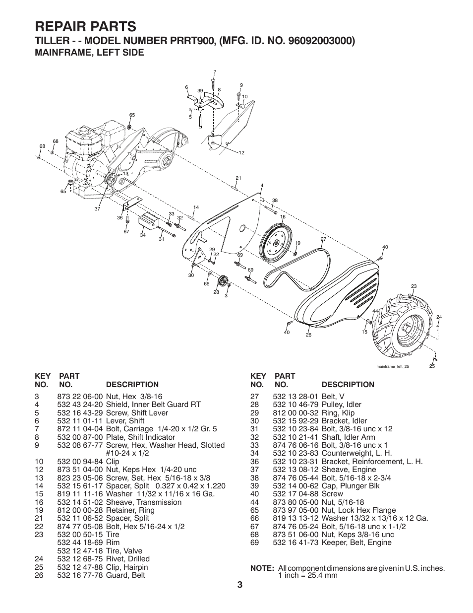 Repair parts, Mainframe, left side | Poulan Pro Rear Tine PRRT900 User Manual | Page 3 / 10