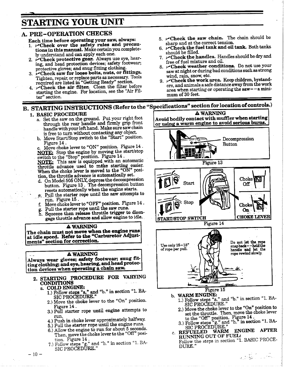 A. pre-operation checks, A warning, Starting your unit | Poulan 425 User Manual | Page 10 / 24