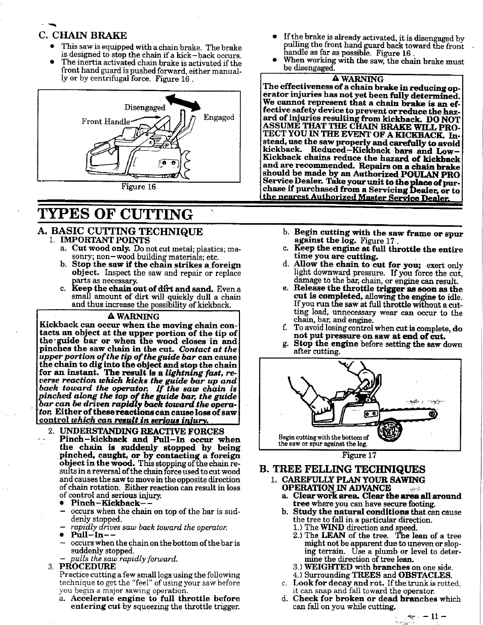 C. chain brake, A. basic cutting technique, Types of cutting | B. tree felling techniques | Poulan 425 User Manual | Page 11 / 24