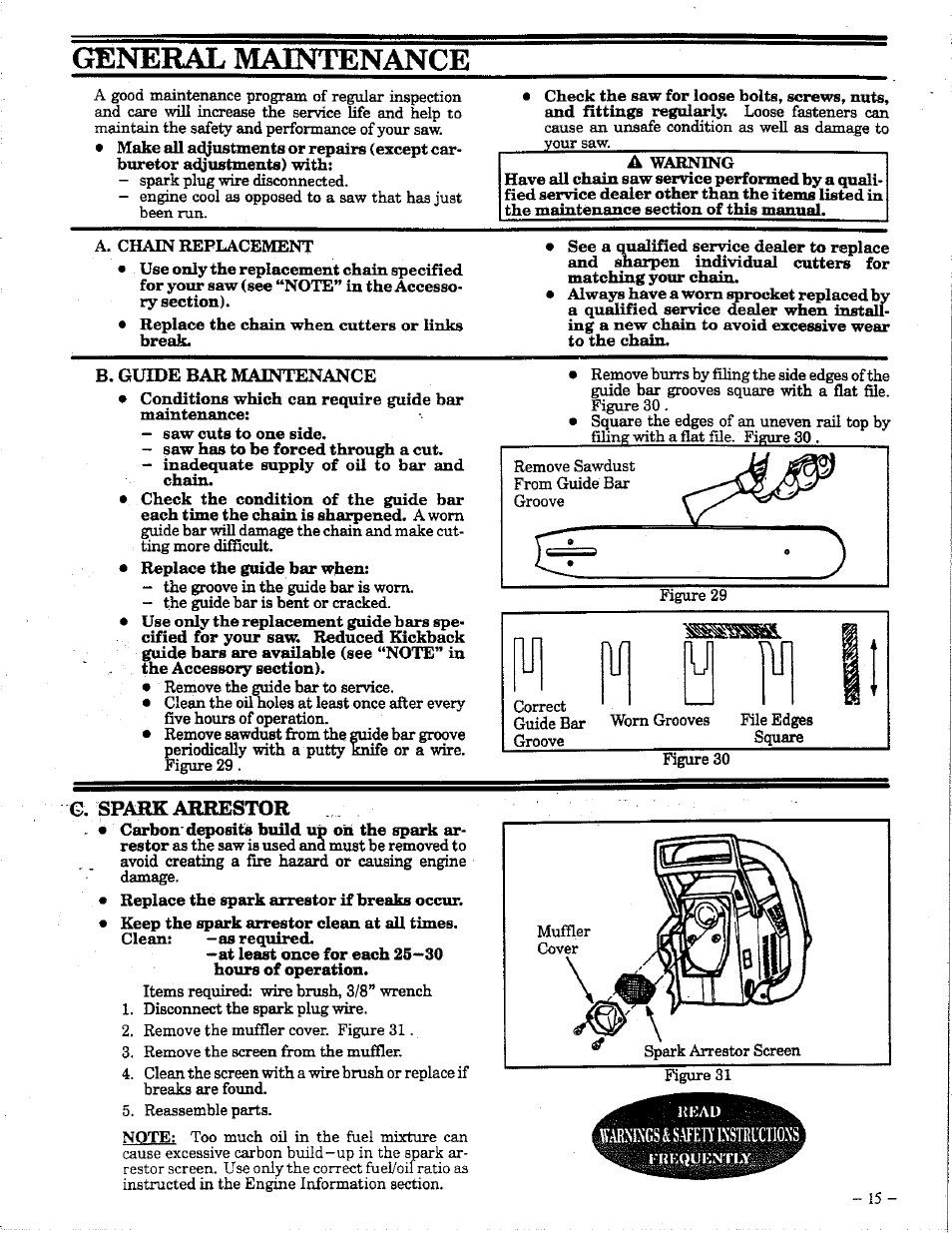 B. guide bar maintenance, G. spark arrestor, Brmngs&safen instructions | Ил у пл, General maintenance | Poulan 425 User Manual | Page 15 / 24