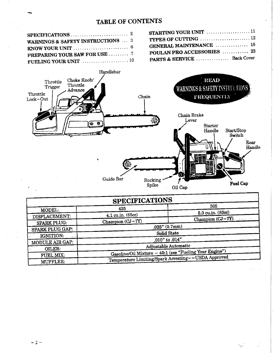 Poulan 425 User Manual | Page 2 / 24