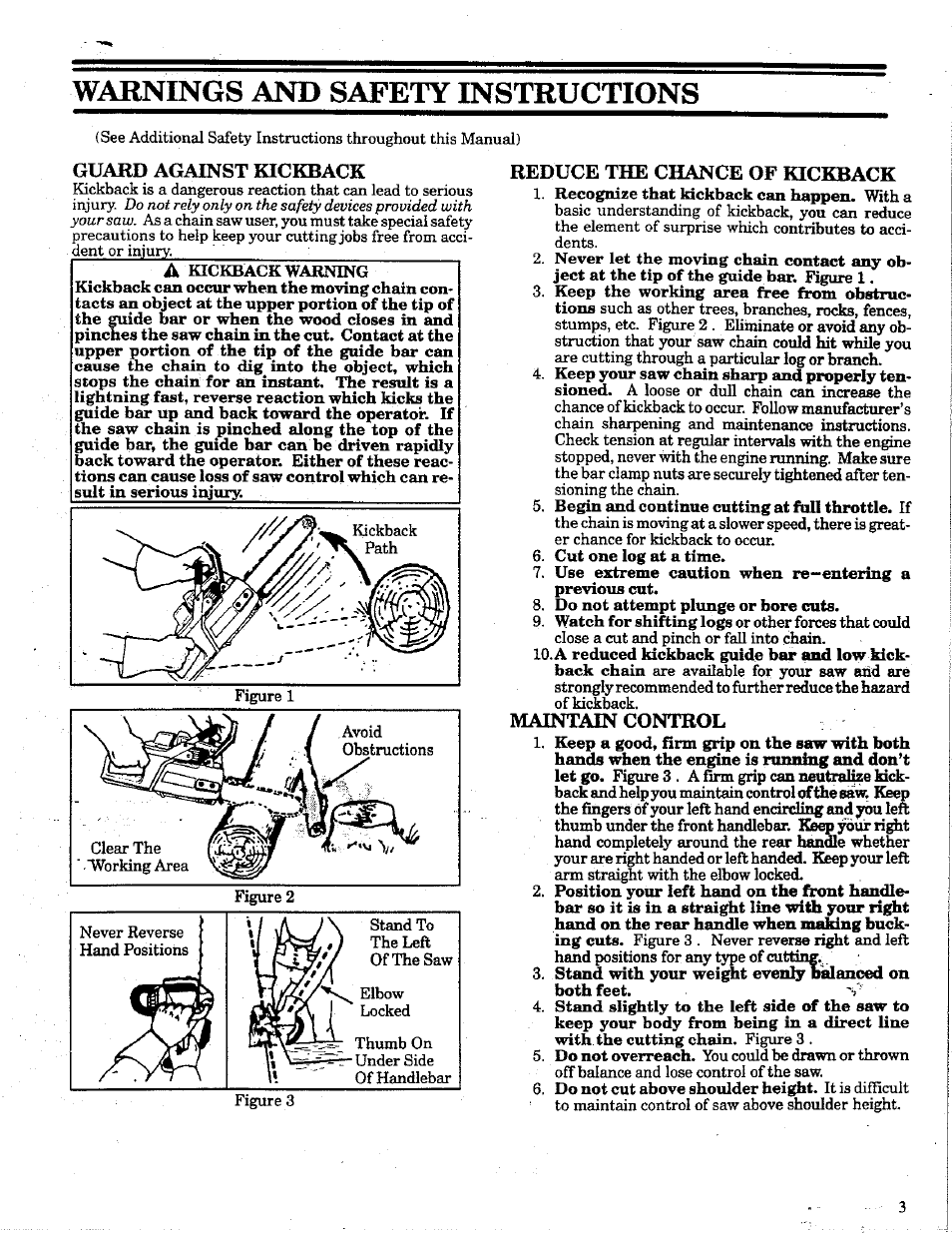 Guard against kickback, Reduce the chance of kickback, Maintain control | Warnings and safety instructions | Poulan 425 User Manual | Page 3 / 24