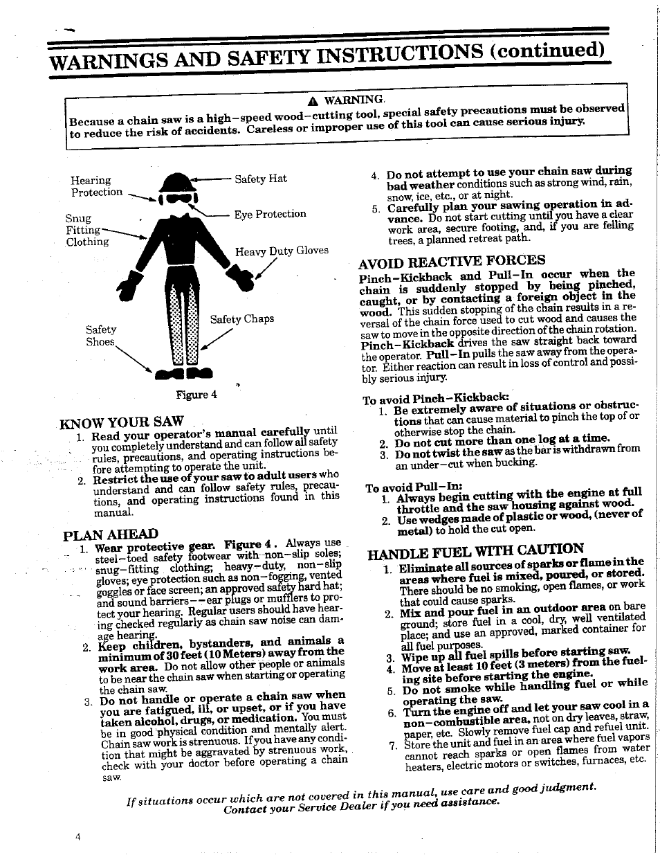 Knowyoursaw, Plan ahead, Handle fuel with caution | Warnings and safety instructions (continued), Avoid reactive forces | Poulan 425 User Manual | Page 4 / 24