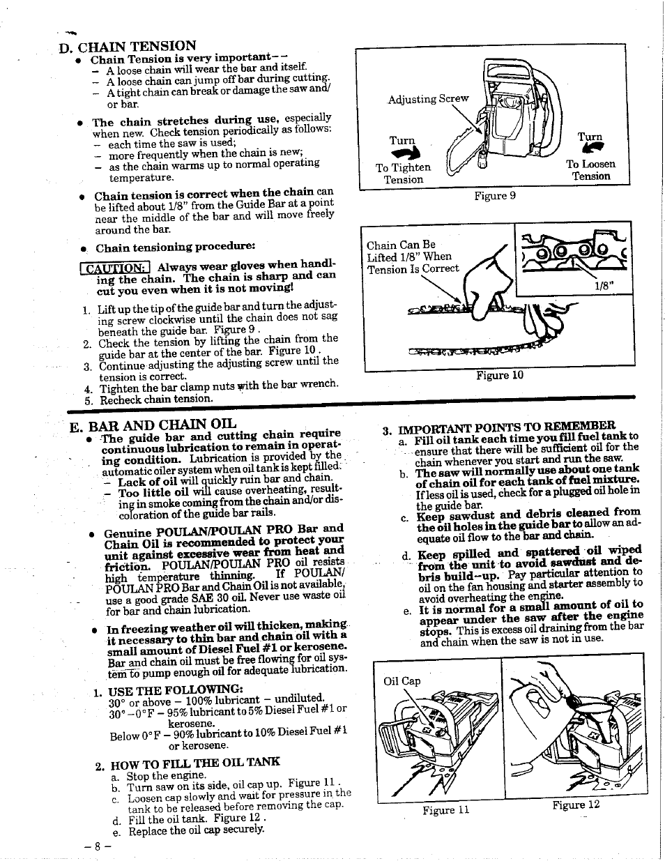 D. chain tension, E. bar and chain oil | Poulan 425 User Manual | Page 8 / 24