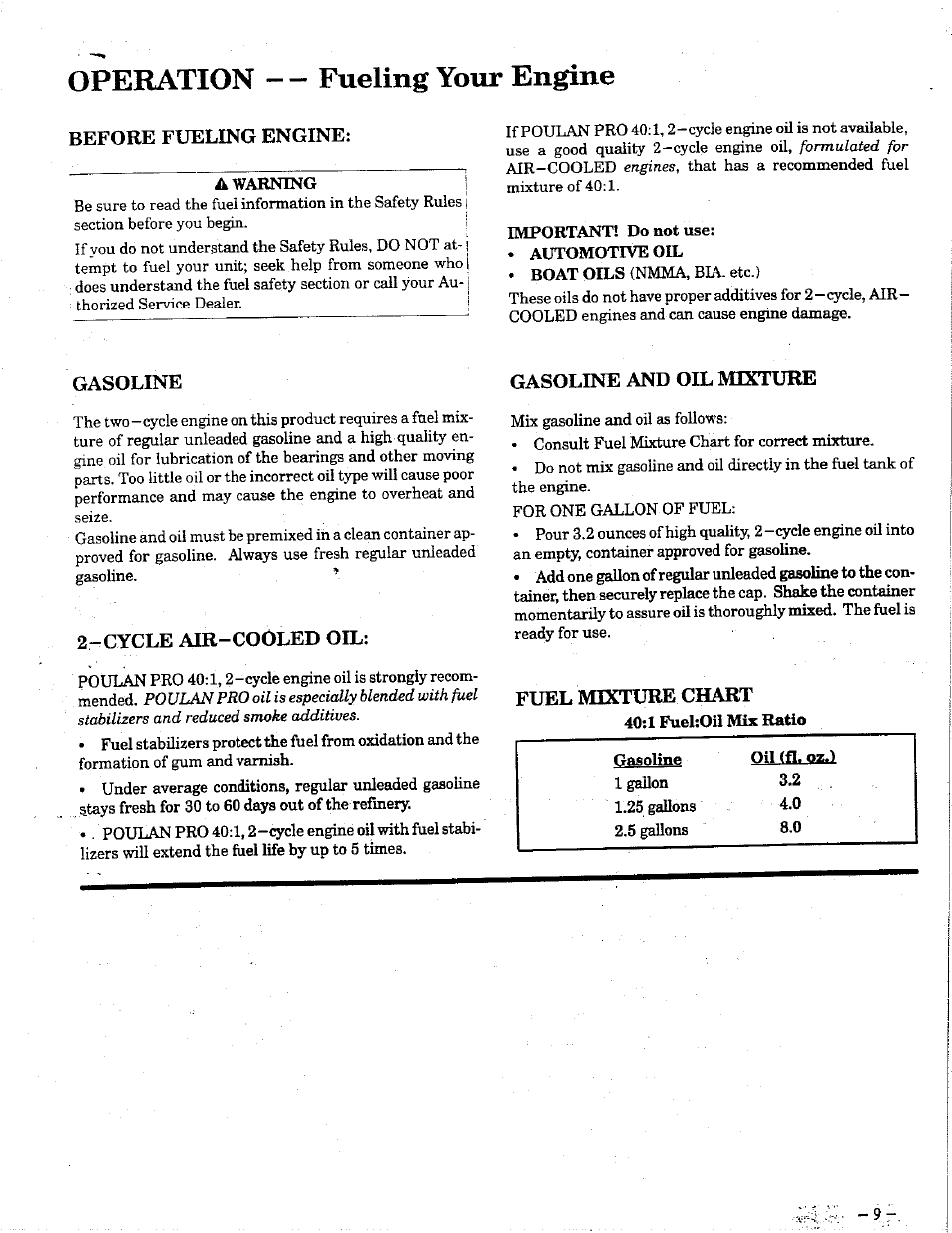 Operation — fueling your engine, Before fueling engine, Gasoline | Cycle air-cooled oil, Gasoline and oil mixture, Fuel mixture chart | Poulan 425 User Manual | Page 9 / 24