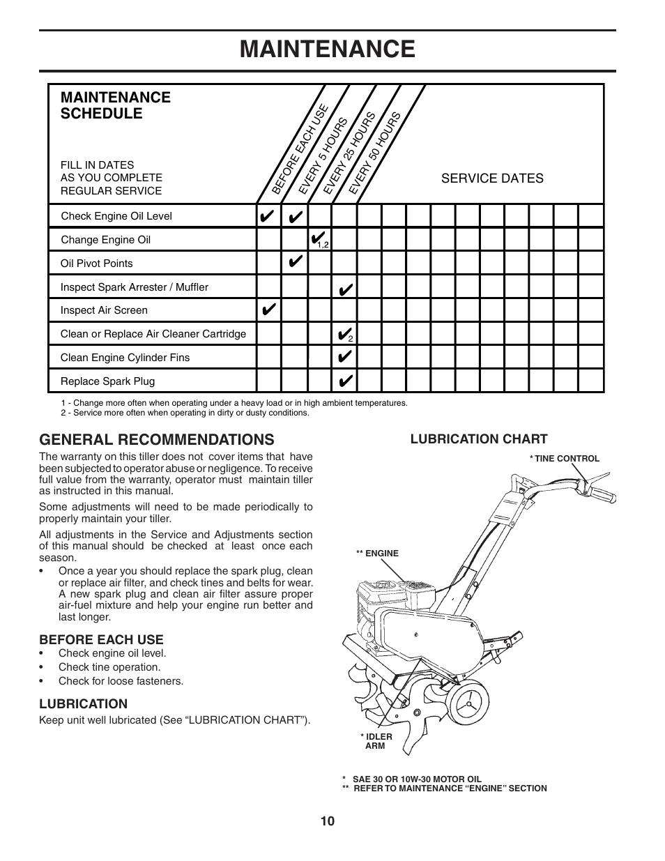 Maintenance, General recommendations, Maintenance schedule | Poulan 181102 User Manual | Page 10 / 24