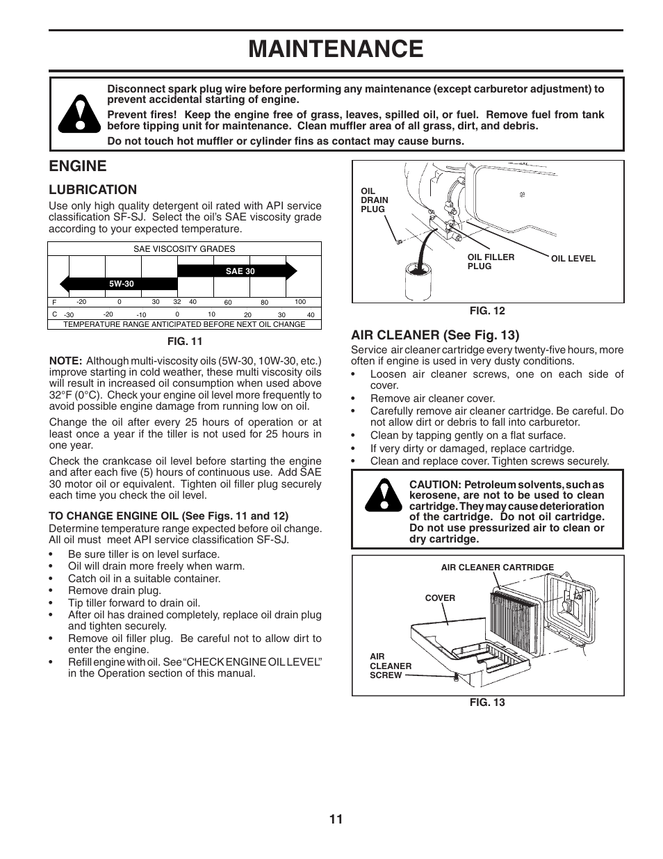 Maintenance, Engine, Lubrication | Air cleaner (see fig. 13) | Poulan 181102 User Manual | Page 11 / 24