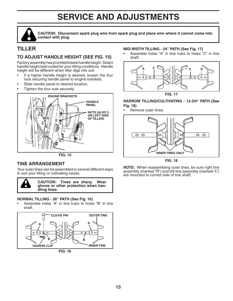 Service and adjustments, Tiller | Poulan 181102 User Manual | Page 13 / 24