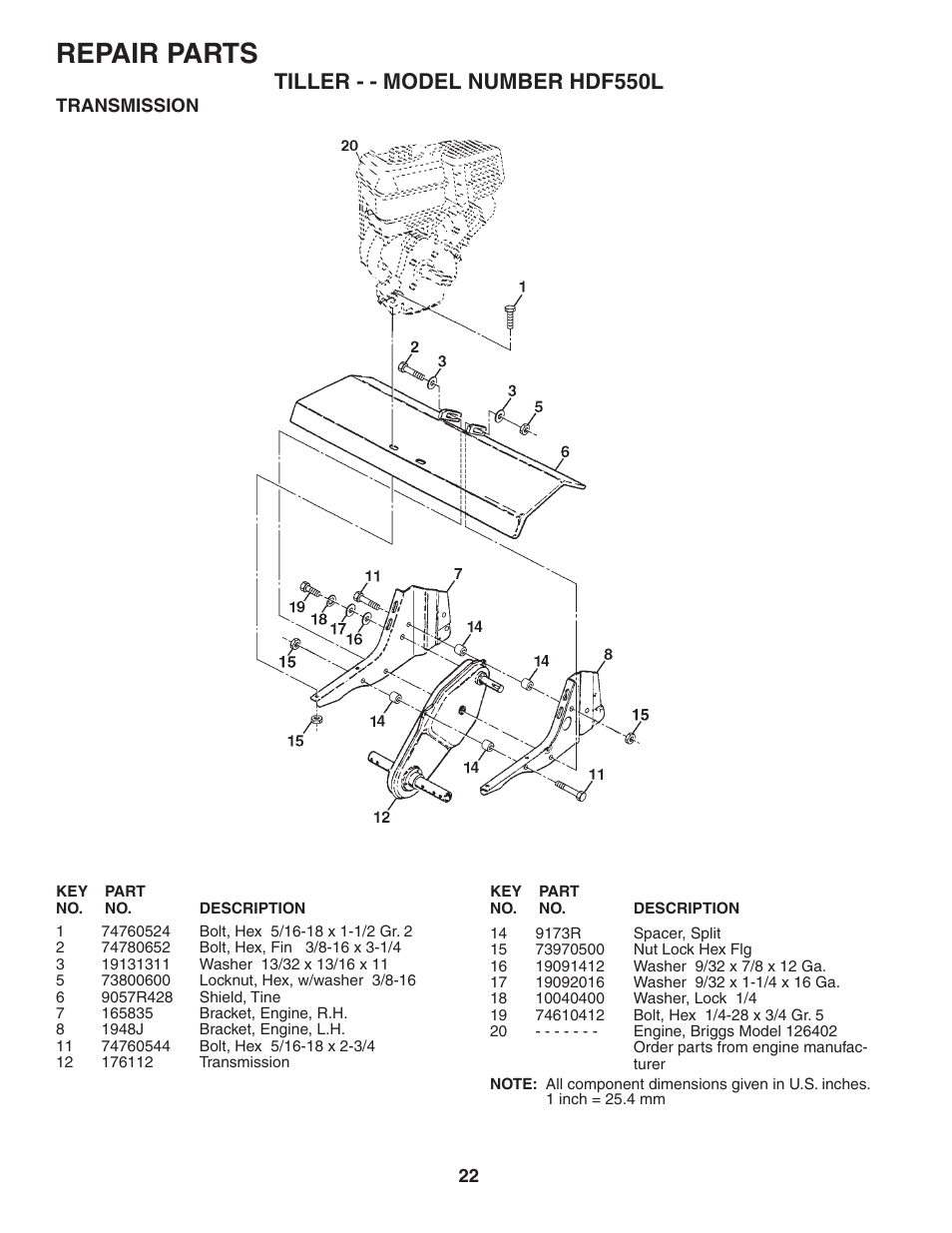 Repair parts, Tiller - - model number hdf550l | Poulan 181102 User Manual | Page 22 / 24
