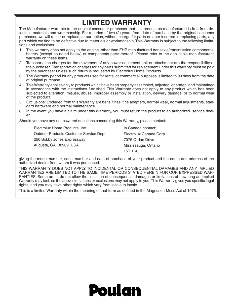 Limited warranty | Poulan 181102 User Manual | Page 24 / 24