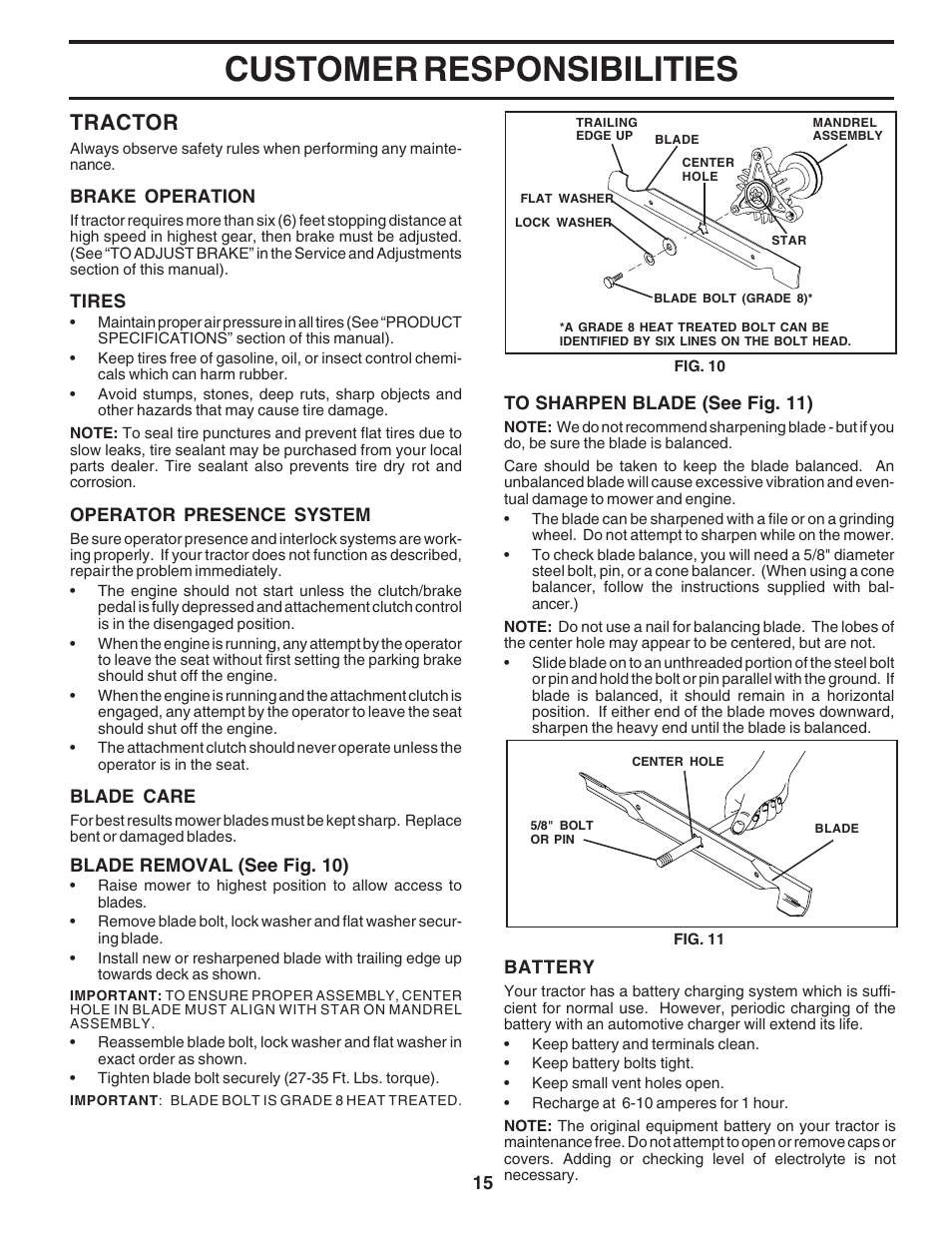 Customer responsibilities, Tractor | Poulan 183384 User Manual | Page 15 / 48