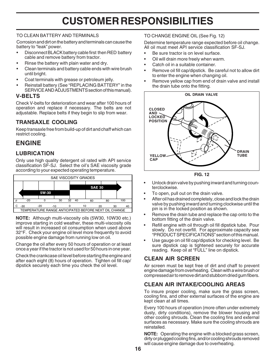 Customer responsibilities, Engine, 16 clean air screen | V-belts, Transaxle cooling, Lubrication, Clean air intake/cooling areas | Poulan 183384 User Manual | Page 16 / 48