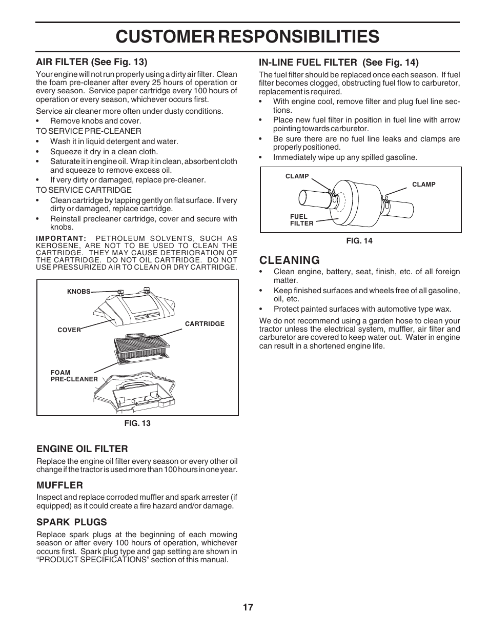 Customer responsibilities, Cleaning | Poulan 183384 User Manual | Page 17 / 48