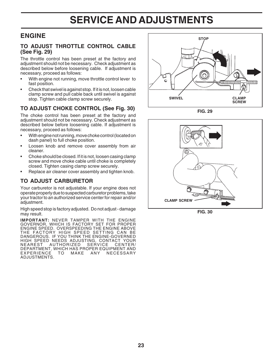 Service and adjustments, Engine | Poulan 183384 User Manual | Page 23 / 48