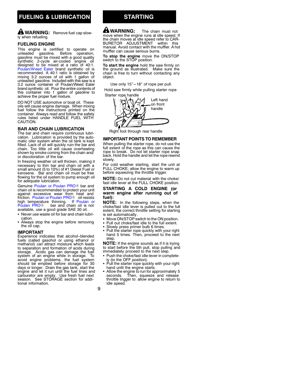 Starting, Fueling & lubrication | Poulan 530086532 User Manual | Page 9 / 18