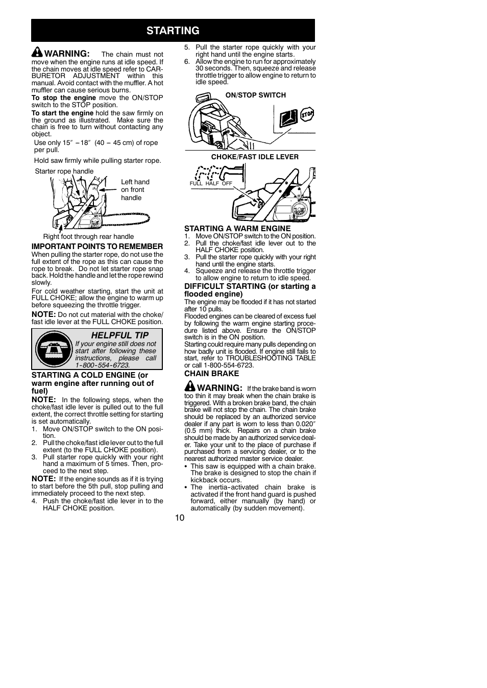 Starting, Warning, Helpful tip | Poulan 545123817 User Manual | Page 10 / 19