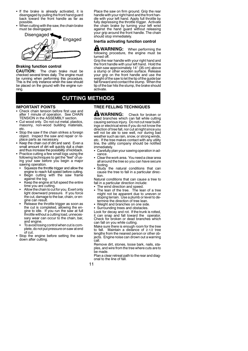 Cutting methods, Disengaged engaged, Warning | Poulan 545123817 User Manual | Page 11 / 19